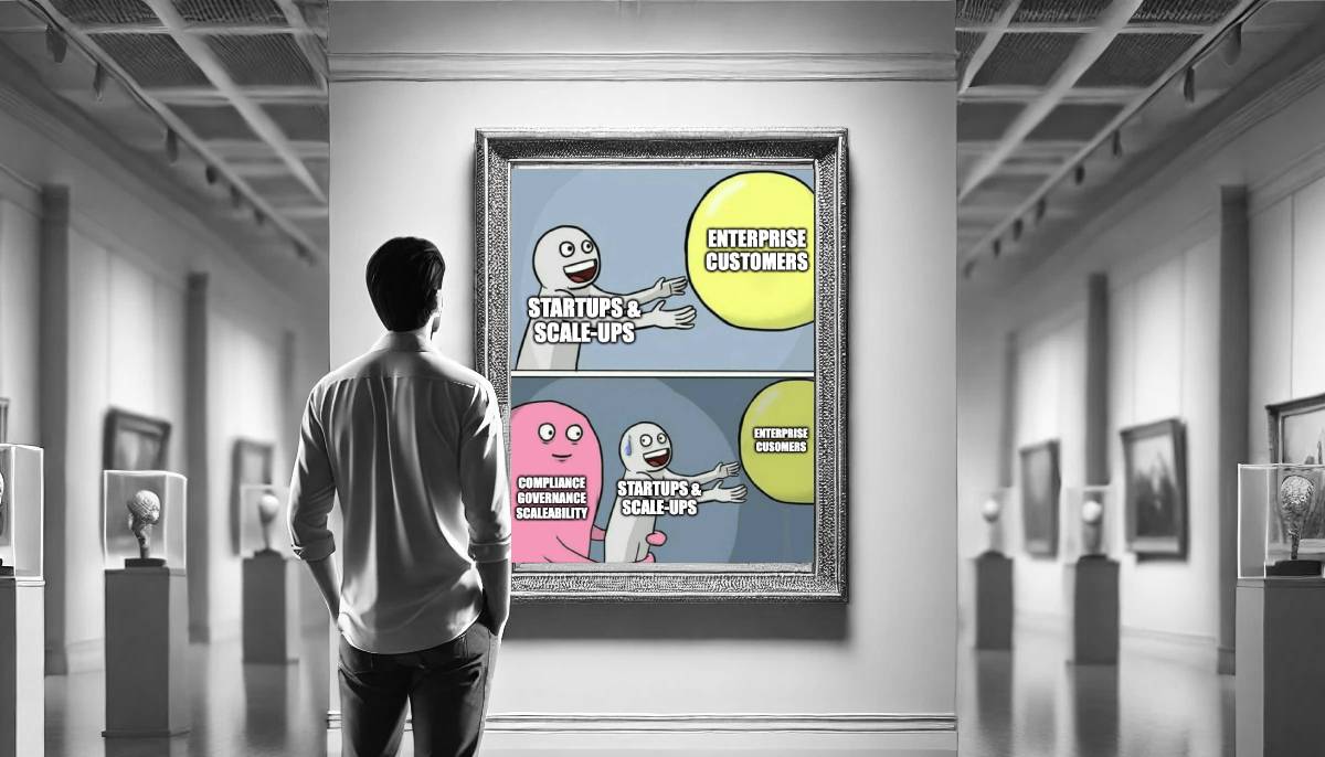A man views a meme as fine art in a museum setting.